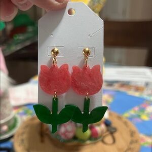 New Pink Tulip Dangle Earrings with Green Leaves